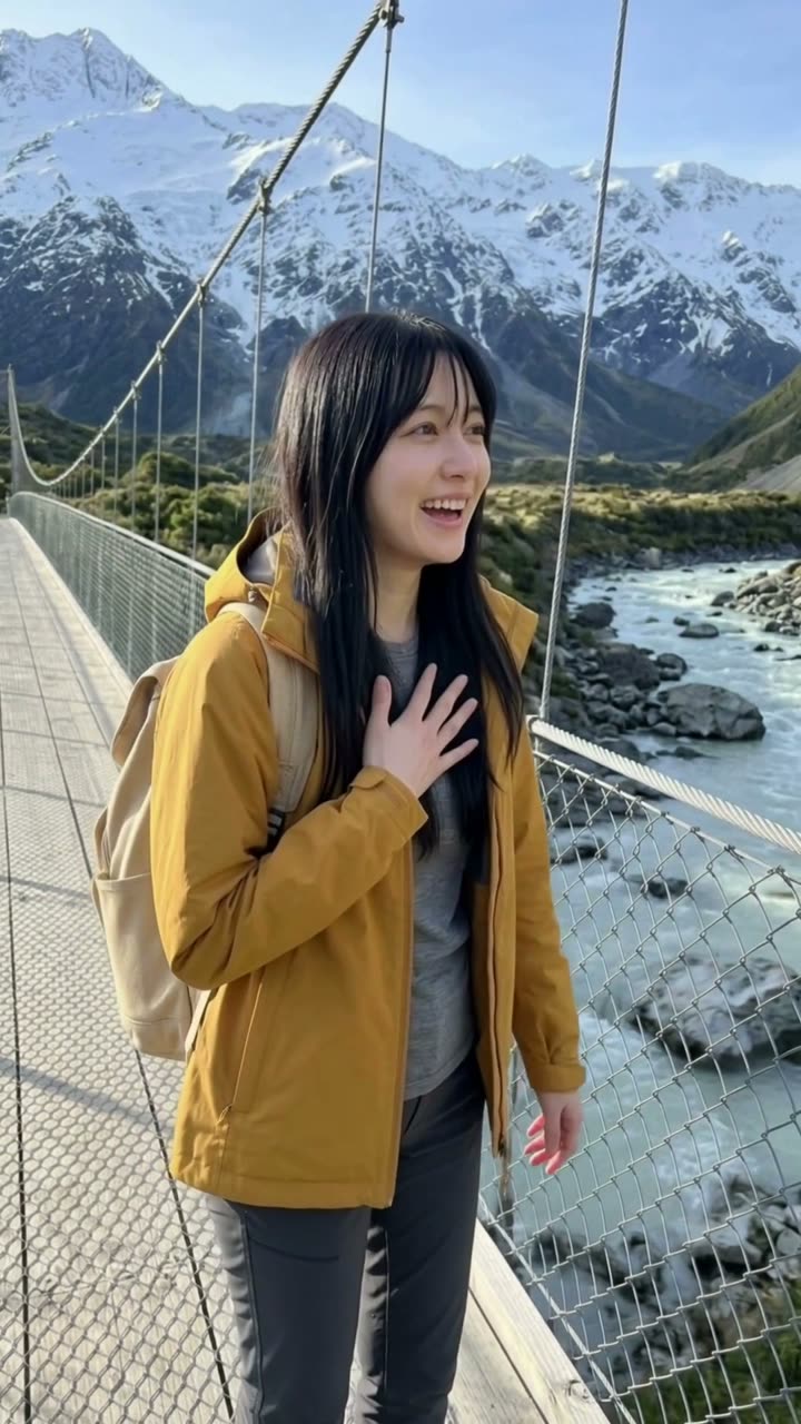 Rena on a swing bridge in Hooker Valley, New Zealand